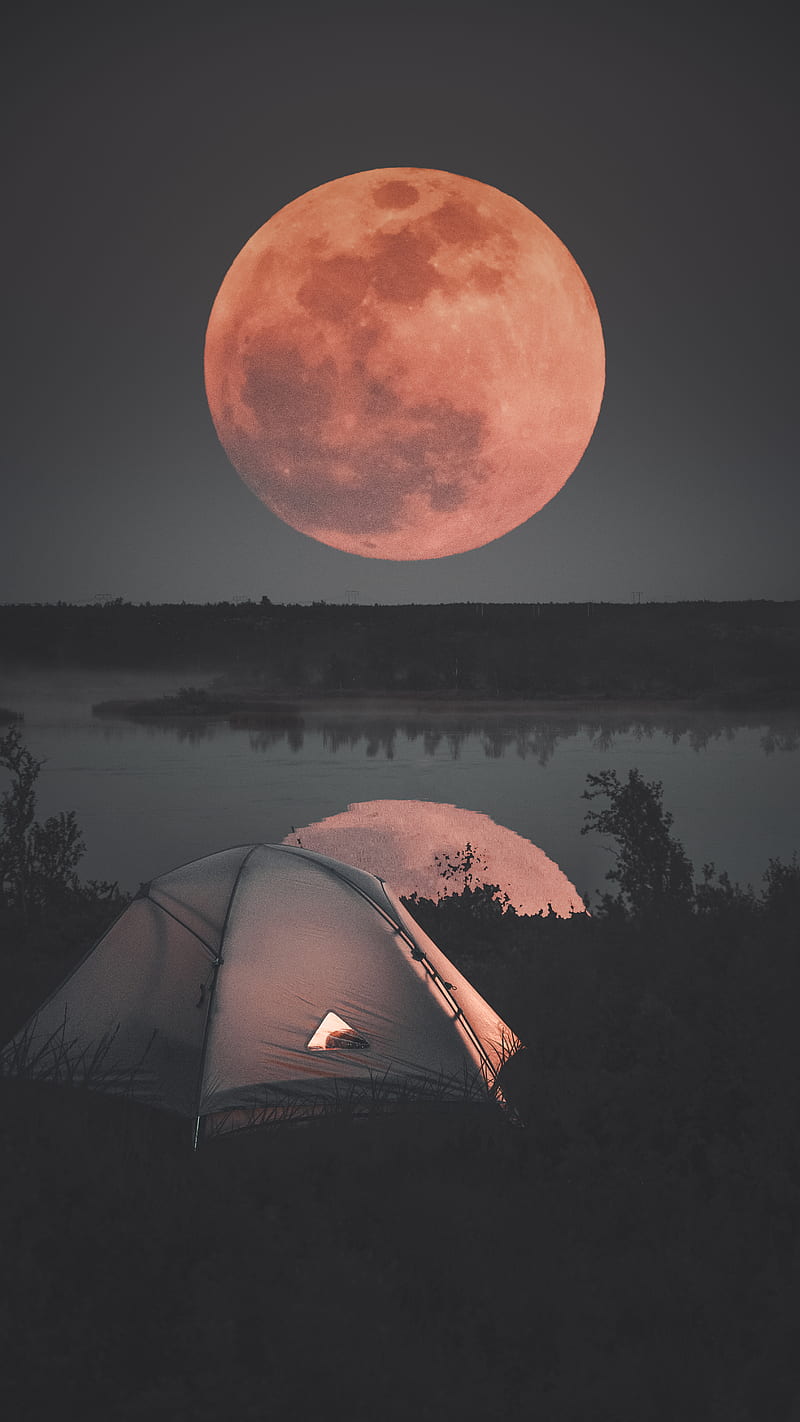 The bloody moon, camping, orange, love, adventure, dom, traveling, world, top, lake, HD phone wallpaper