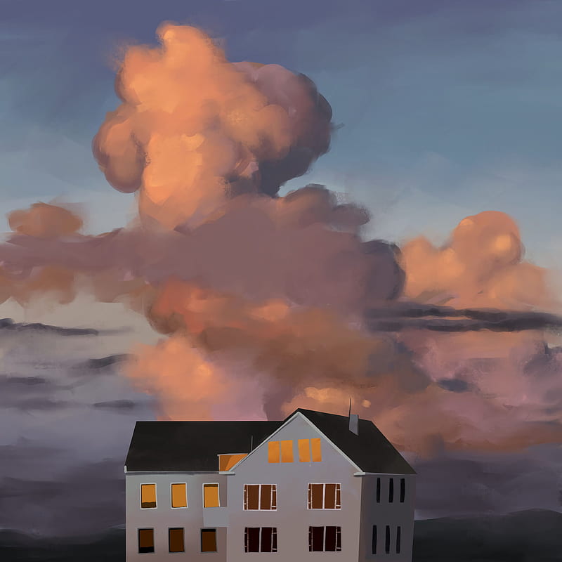 house, building, clouds, painting, art, HD phone wallpaper
