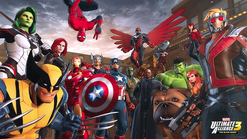 Spider Man, Hulk, Iron Man, Captain America, Wolverine, Video Game, Thor, Black Widow, Nick Fury, Scarlet Witch, Falcon (Marvel Comics), Rocket Raccoon, Star Lord, Drax The Destroyer, Gamora, Groot, Peter Quill, Lockjaw (Marvel Comics), Marvel Ultimate Alliance 3: The Black Order, HD wallpaper