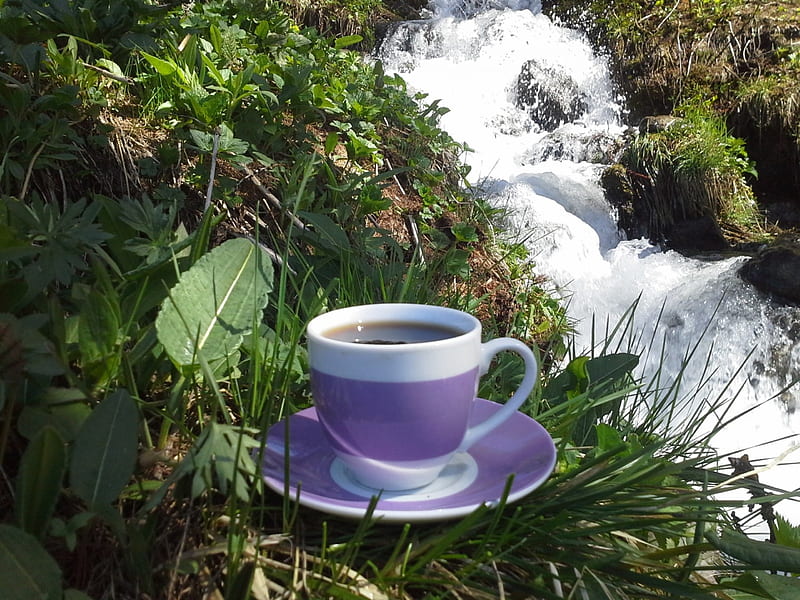 grande caffe naturale near river ... per te...ciao...besh..., mountain, waterfall, river, rainbow, sunset, sky, HD wallpaper