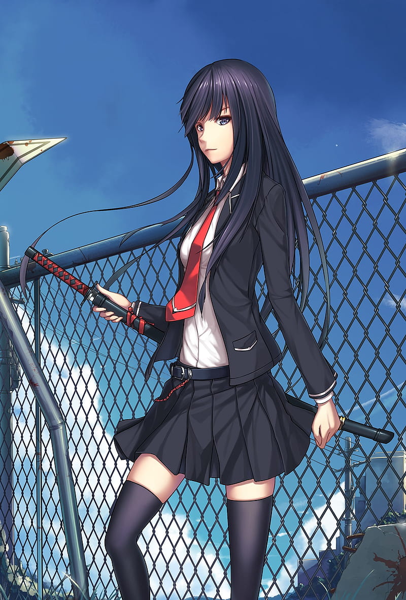 Anime, chicas anime, pelo largo, cabello negro, espada, katana, medias,  falda, Fondo de pantalla de teléfono HD | Peakpx