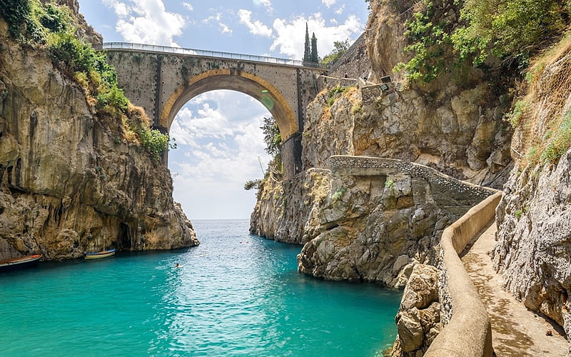 Bridge in Furore, Italy, rocks, water, bridge, Italy, HD wallpaper | Peakpx