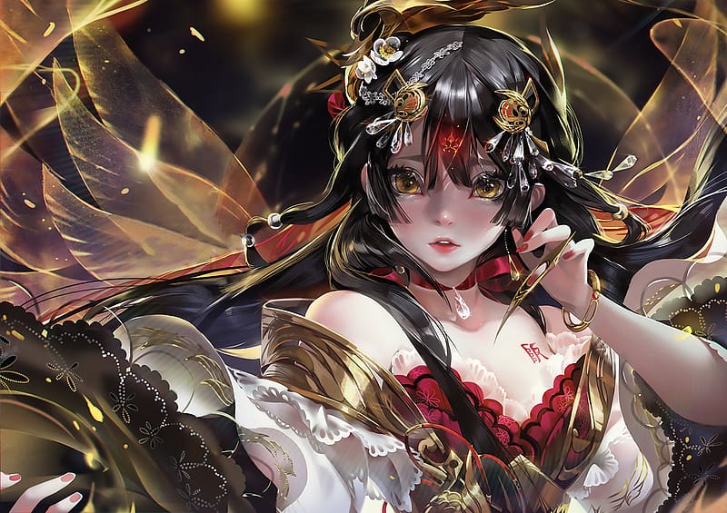 Anime, Flower, Wings, Dress, Ribbon, Original, Asian, Black Hair, Long Hair, HD wallpaper Anime, Flower, Wings, Dress, Ribbon, Original, Asian, Black Hair, Long Hair, HD wallpaper