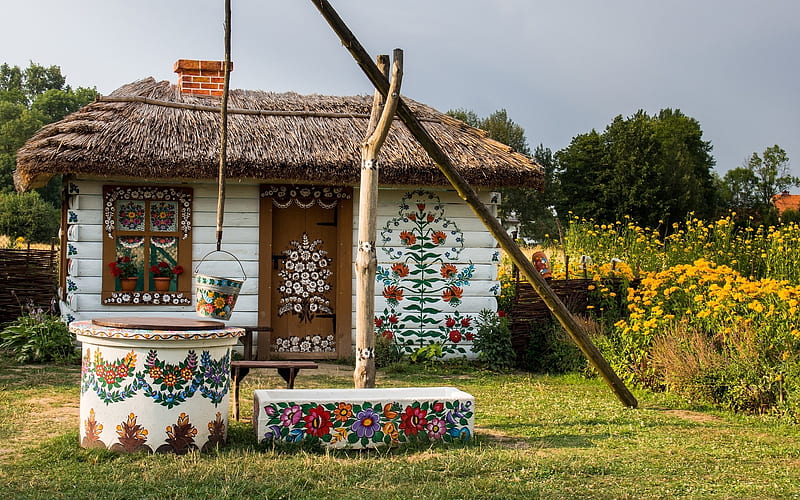 House in Poland, decorative art, well, house, hut, Poland, folk, HD wallpaper