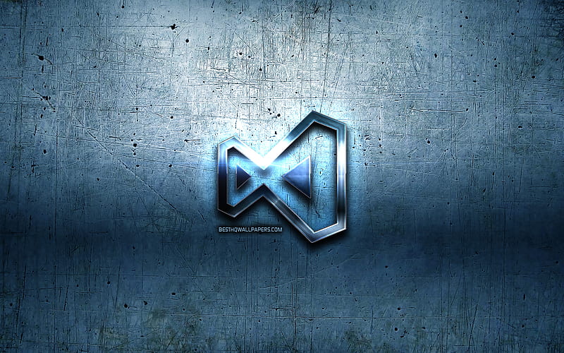 Visual studio metal logo, grunge, programming language signs, blue metal background, Visual studio, creative, programming language, Visual studio logo, HD wallpaper