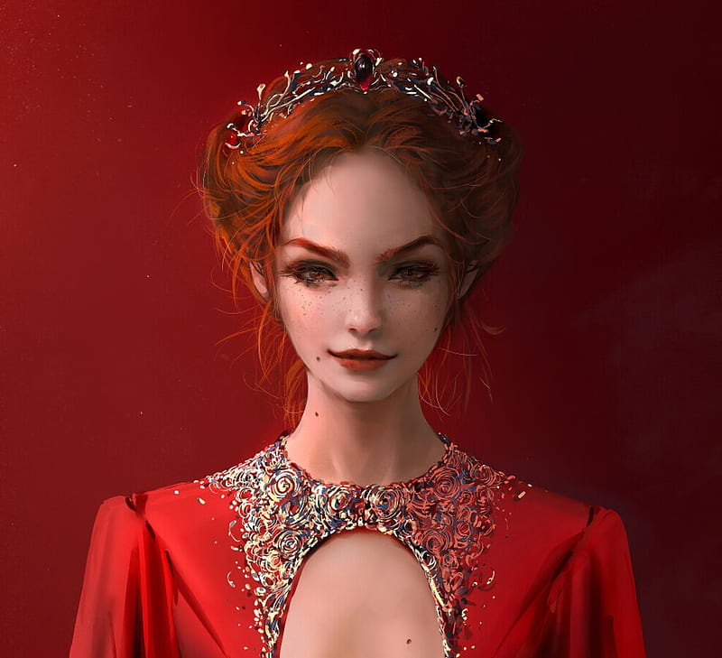 Red Queen, red, art, nixeu, fantasy, luminos, girl, queen, jewel, HD wallpaper