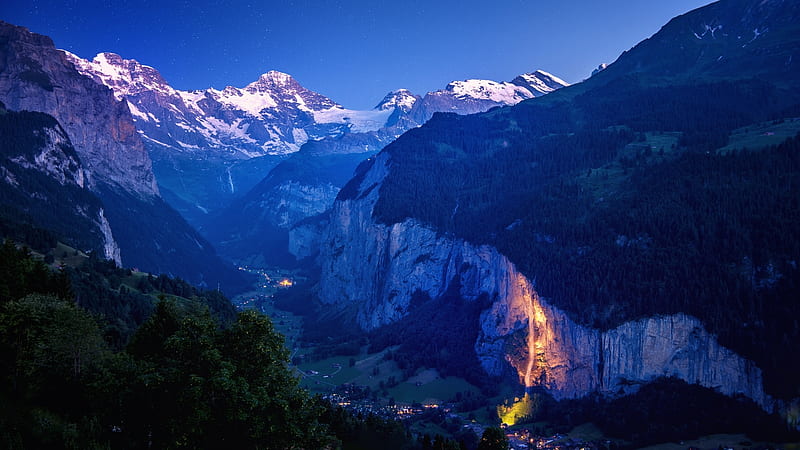 Lauterbrunnen Valley, Valleys, Mountains, Dusk, Nature, Lights, HD wallpaper
