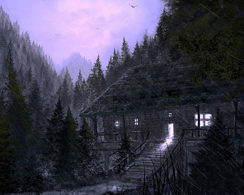 Cabin In The Woods, mountains, woods, birds, cabin, rain, HD wallpaper