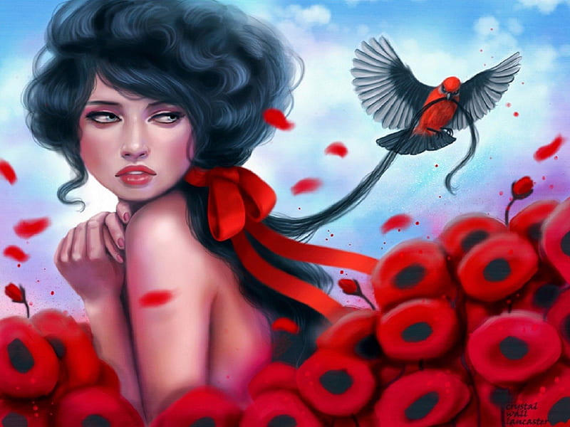~Red Glance~, red, colorful, bow, digital art, fantasy, paintings, people, drawings, ribbon, glance, colors, bird, red glance, red flowers, weird things people wear, spanned, petals, HD wallpaper