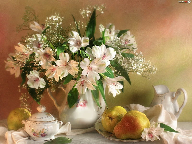 Lilies and Pears, lilies, still life, flowers, pears, HD wallpaper | Peakpx