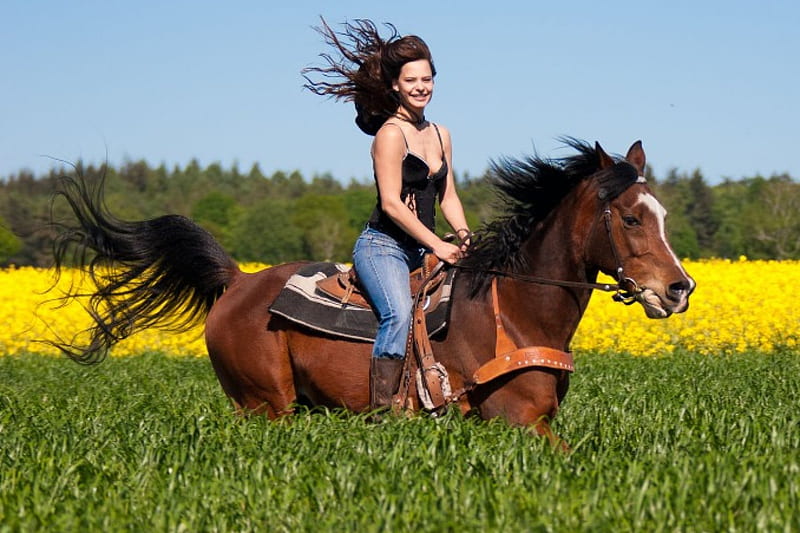 Riding Through Fields, female, cowgirl, grass, trees, horse, sky, woman, hat, flowers, field, HD wallpaper