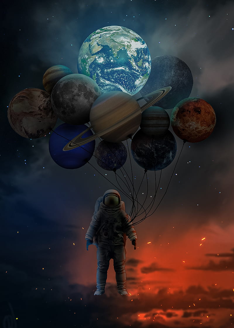 Astronaut, new, moon, fantasy, planets, planet, earth, HD phone wallpaper