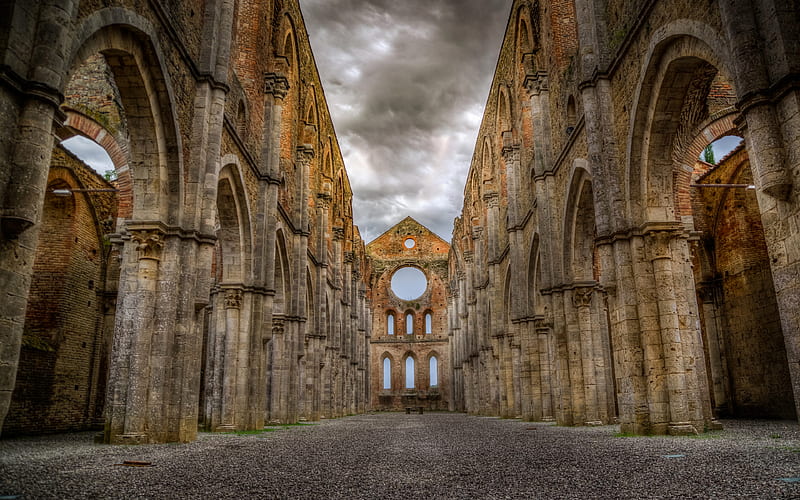 Abbey of San Galgano ruins, Cistercian Monastery, italian landmarks, Tuscany, Europe, Italy, HD wallpaper