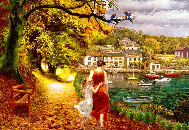 Autumn walk, fall, autumn, shore, falling, mother, foliage, countryside, calm, boat, village, child, art, rest, quiet, houses, golden, bench, emerald, trees, lake, hug, tree, tranquil, serenity, rays, peaceful, branches, HD wallpaper