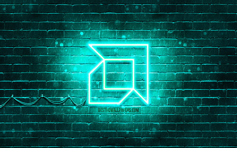 AMD turquoise logo turquoise brickwall, AMD logo, brands, AMD neon logo, AMD, HD wallpaper