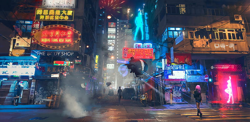 Hong Kong Street Patrol, futuristic, fantasy, hong kong, Sergey Zabelin, 3d, HD wallpaper