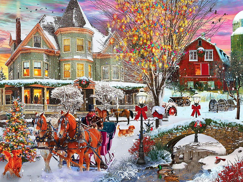 Christmas Time, barn, horse, snow, house, trees, bridge, cart, river, winter, painting, HD wallpaper