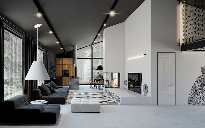 stylish black and white interior design, living room, minimalism style, living room interior design, modern interior design, HD wallpaper
