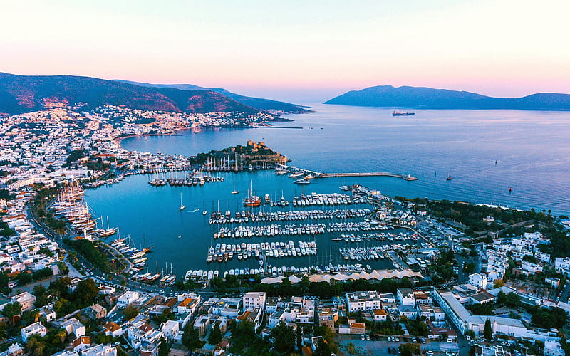 Bodrum, evening, sunset, bay, yachts, Adriatic sea, cityscape, Turkish resorts, Turkey, HD wallpaper