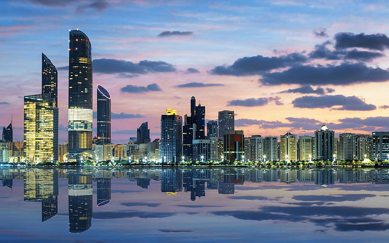 Etihad Towers, Abu Dhabi, city, evening, reflection, skyscrapers, HD wallpaper