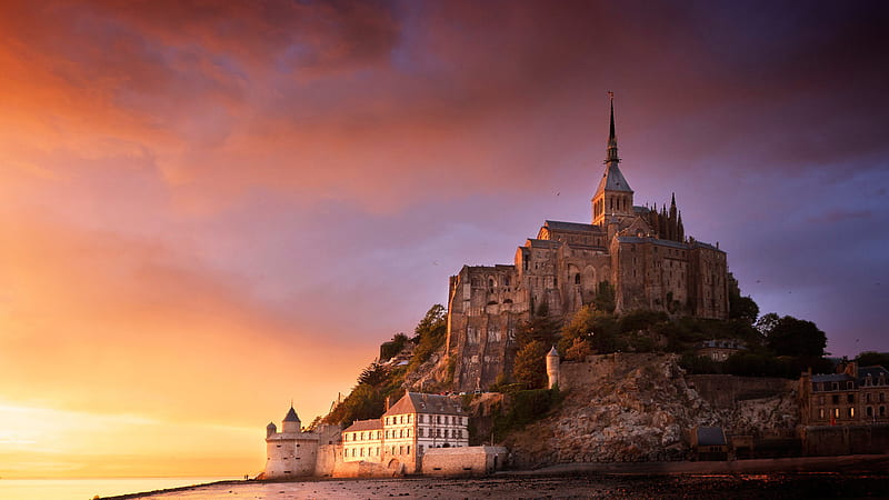 France Mont Saint-Michel Normandy Rock During Sunset Travel, HD wallpaper
