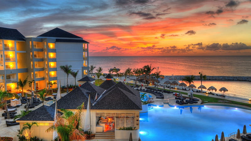 wonderful seaside resort hotel at sunset, resort, hotel, sunset, pool, sea, HD wallpaper
