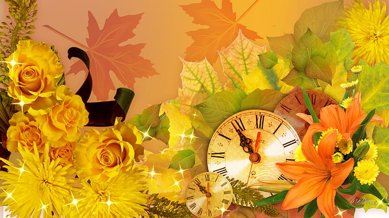 First Day of Fall, fall, autumn, orange, time, ribbon, lilies, clock, roses, leaves, astors, gold, flowers, HD wallpaper