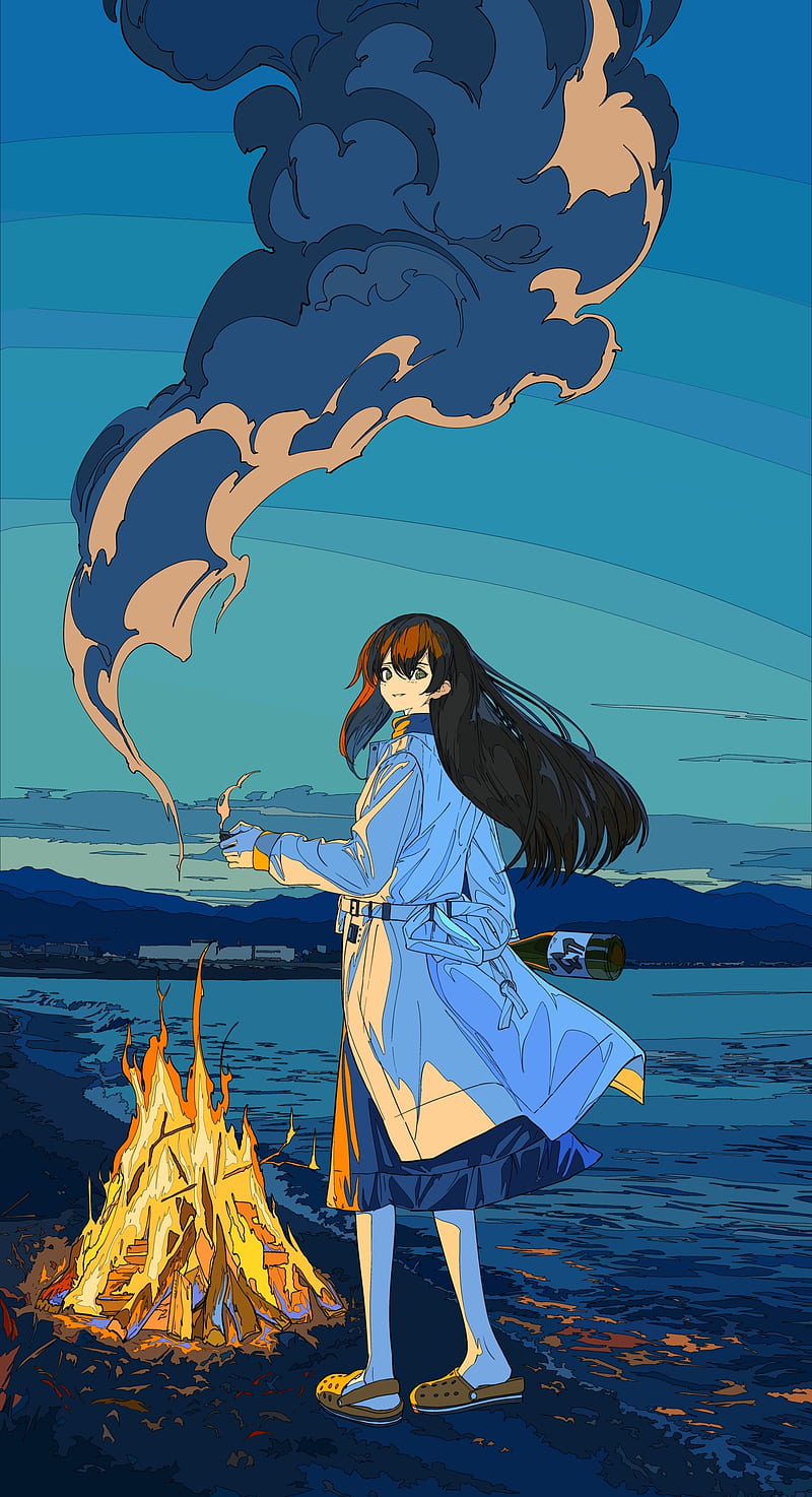 Anime Witches at the Campfire Glowing Embers