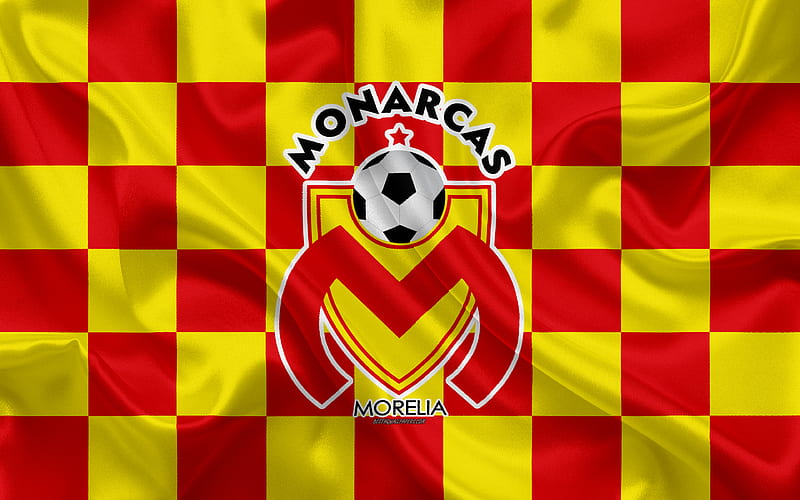 CA Monarcas Morelia logo art, creative art, red yellow checkered flag, Mexican Football club, Primera Division, Liga MX, emblem, silk texture, Morelia, Mexico, football, Monarcas FC, HD wallpaper
