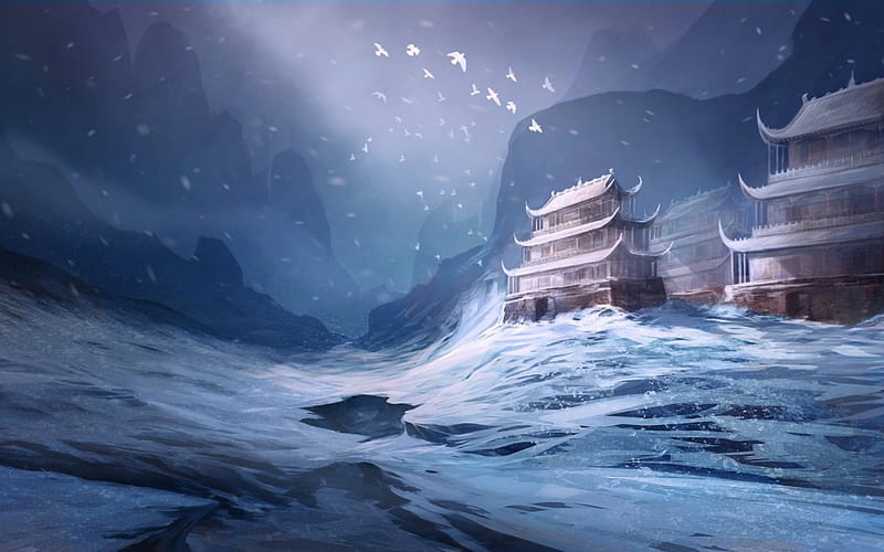Winter, world, art, game, jade dynasty, fantasy, snow, asian, temple, white, blue, HD wallpaper