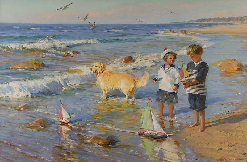 Children playing on the beach, alexander averin, pictura, sea, dog, art, children, beach, vara, water, boat, painting, summer, HD wallpaper