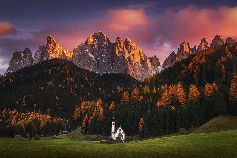 Val di Funes, South Tyrol, Italy, sunset, trees, church, alps, clouds, HD wallpaper