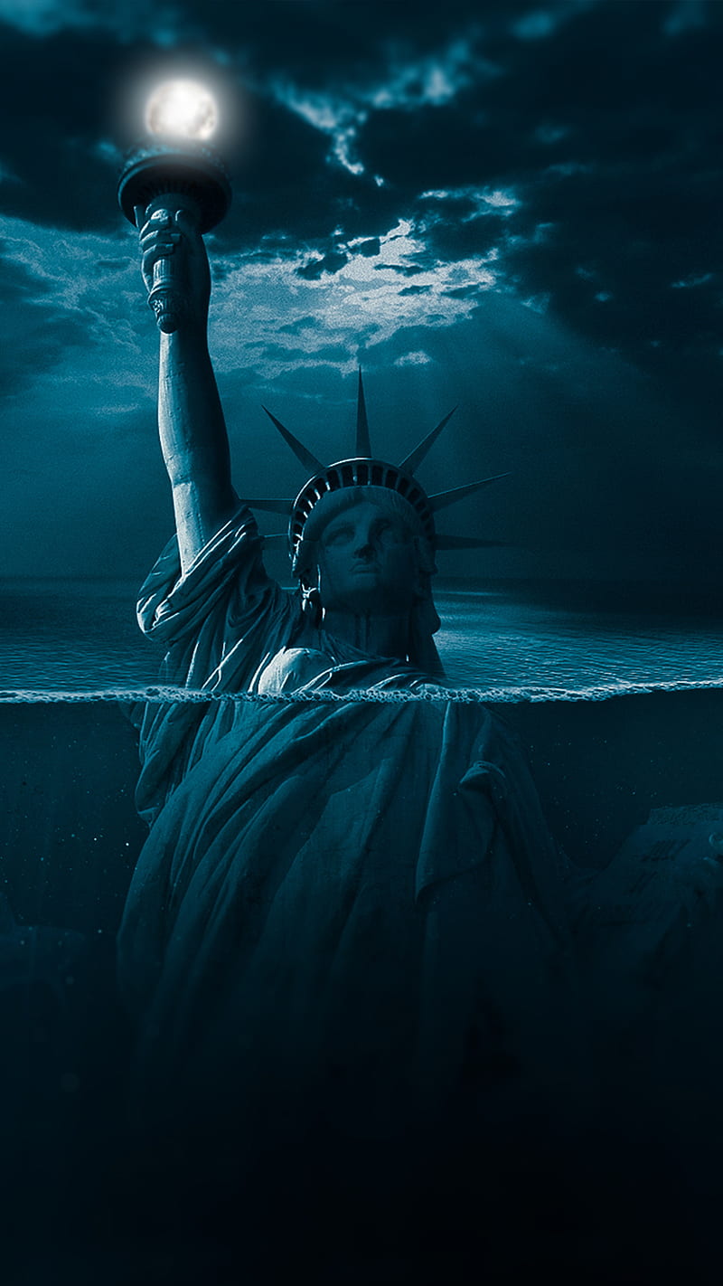 statue of Liberty, america, blue, cloud, color, moon, sea, sky, underwater, HD phone wallpaper