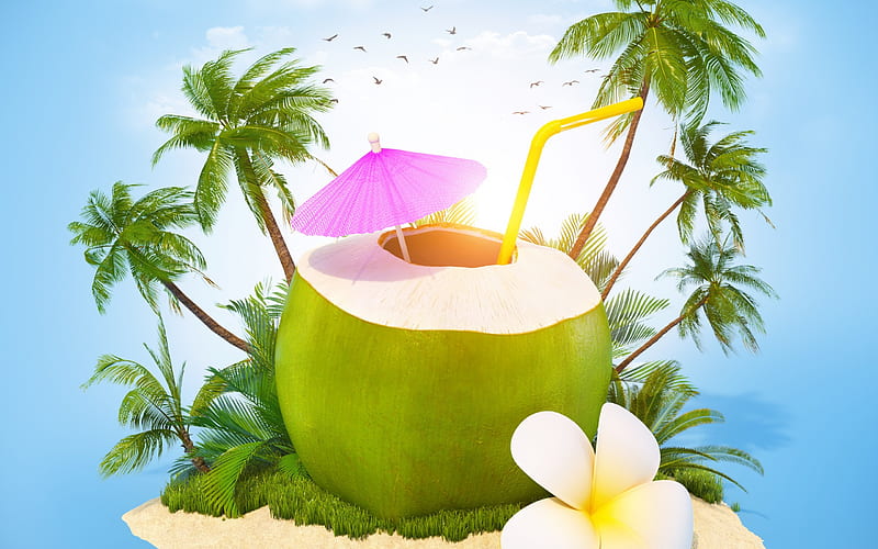 Summer travel, 3d island, coconut cocktail, palm trees, sand, relaxation, HD wallpaper