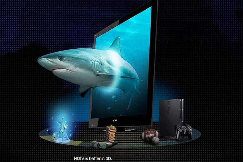 3 D, new, shark, screen 3d, television, HD wallpaper