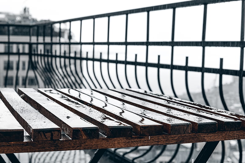 brown wooden bench near black metal fence during daytime, HD wallpaper