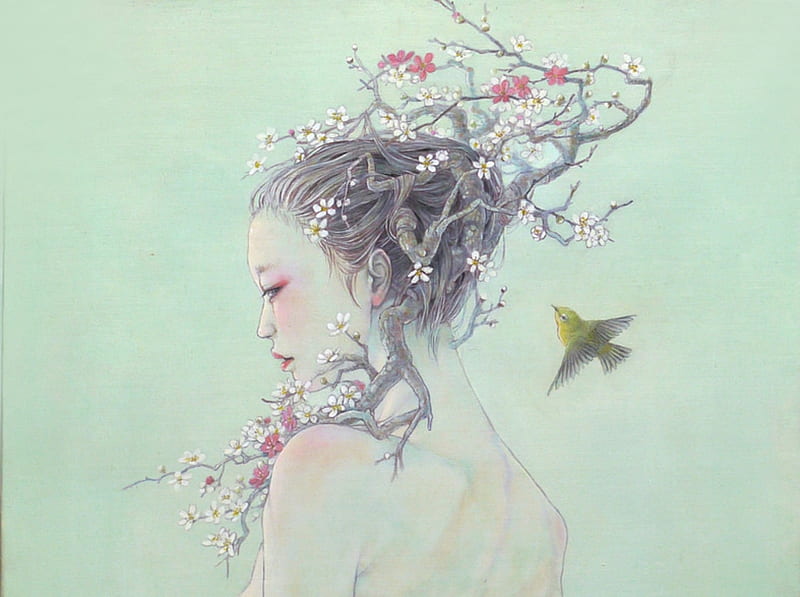 Spring, art, luminos, pasare, branch, fantasy, girl, flower, miho hirano, white, pink, blue, HD wallpaper