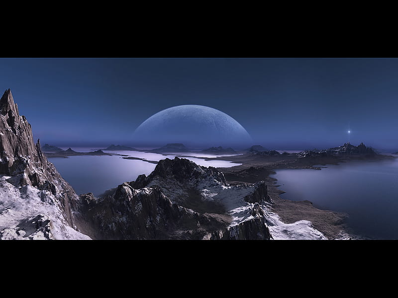 The Silence, planets, space, silence, abstract, sky, moon, 3d, snow, mountains, fantasy landscape, ice, fantasy art, HD wallpaper
