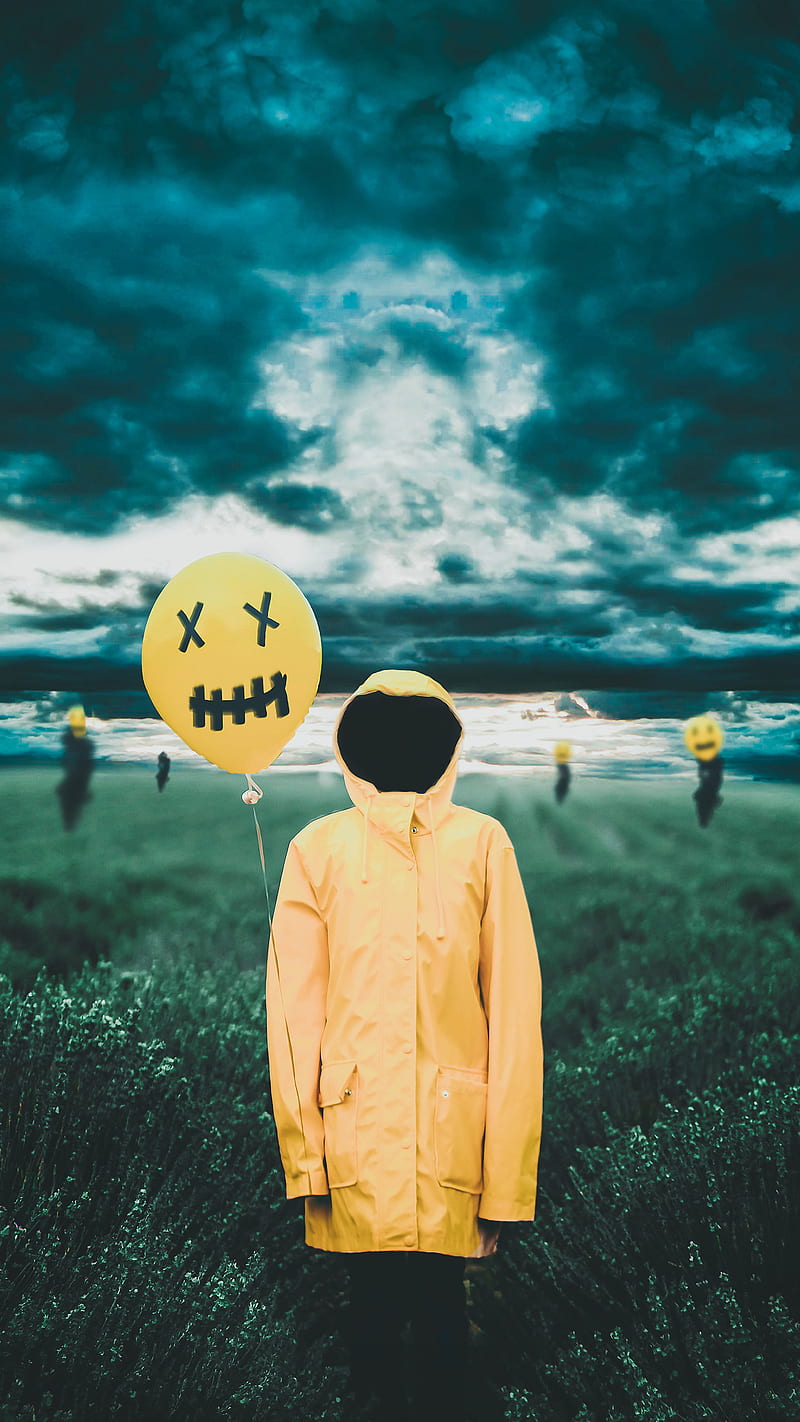 No Face, balloons, yellow, parka, creepy, sky, alone, summer, balloon, HD phone wallpaper