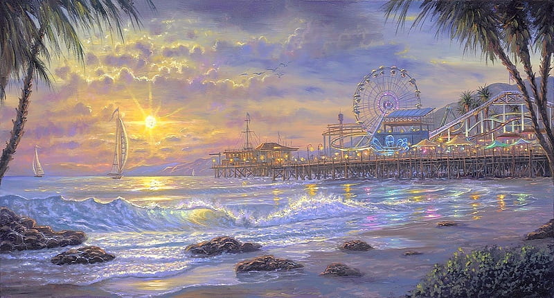 Exclusive Santa Monica Pier, getaways, love four seasons, places, attractions in dreams, sea, hotels, paintings, paradise, beaches, sunsets, summer, seaside, sailboats, HD wallpaper