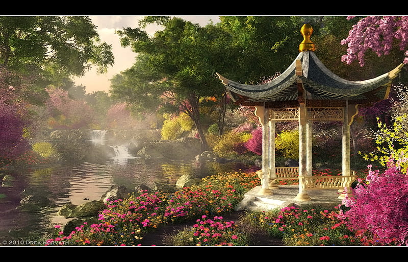 A place for spring, flowers, colors mist beauty, spring, roses, trees, bushes, gazebo, HD wallpaper