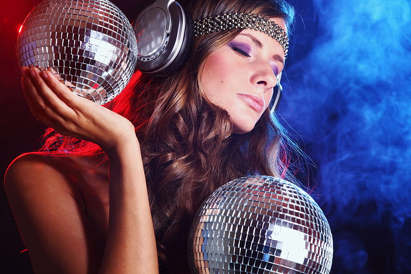 Disco Ball 5600x3700, disco, female, music, headphones, woman, ball, young, girl, hand, blue, HD wallpaper