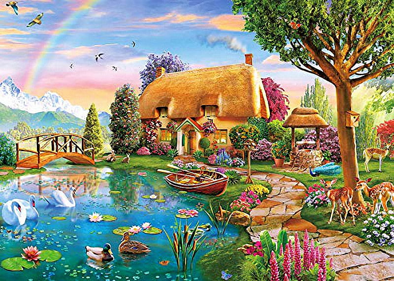 Lakeside Cottage, water, boat, well, painting, ducks, flowers, trees, artwork, HD wallpaper