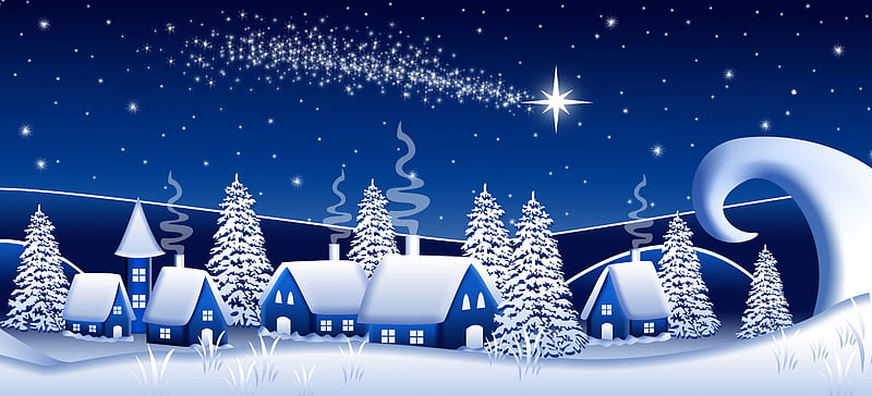 Blue Night, stars, christmas, houses, winter time, snowy, xmas, winter, merry christmas, snow, magic christmas, blue, HD wallpaper