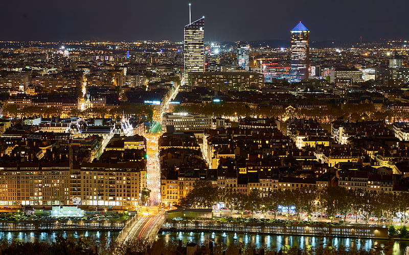 Cities, Lyon, Bridge, City, France, Light, Night, River, Road, Water, HD wallpaper