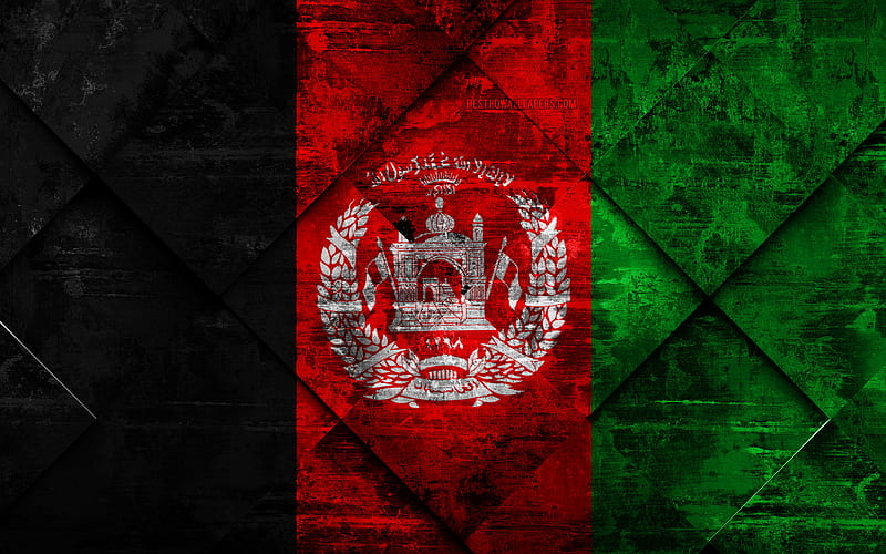 Flag of Afghanistan grunge art, rhombus grunge texture, Afghanistan flag, Asia, national symbols, Afghanistan, creative art, HD wallpaper