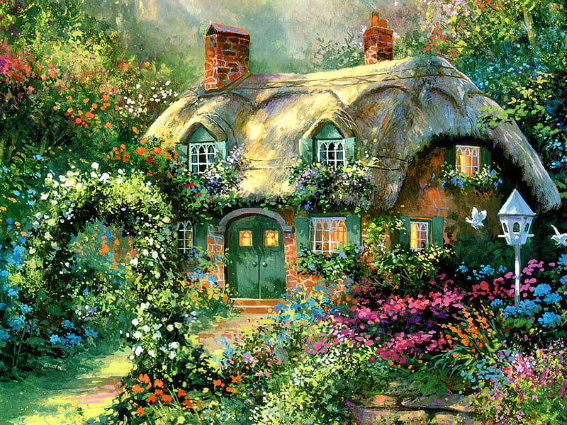 House in Glandon Grove F5, art, cottage, mitchell, arbor, artwork, floral, jim mitchell, thatch, painting, flowers, garden, scenery, landscape, HD wallpaper