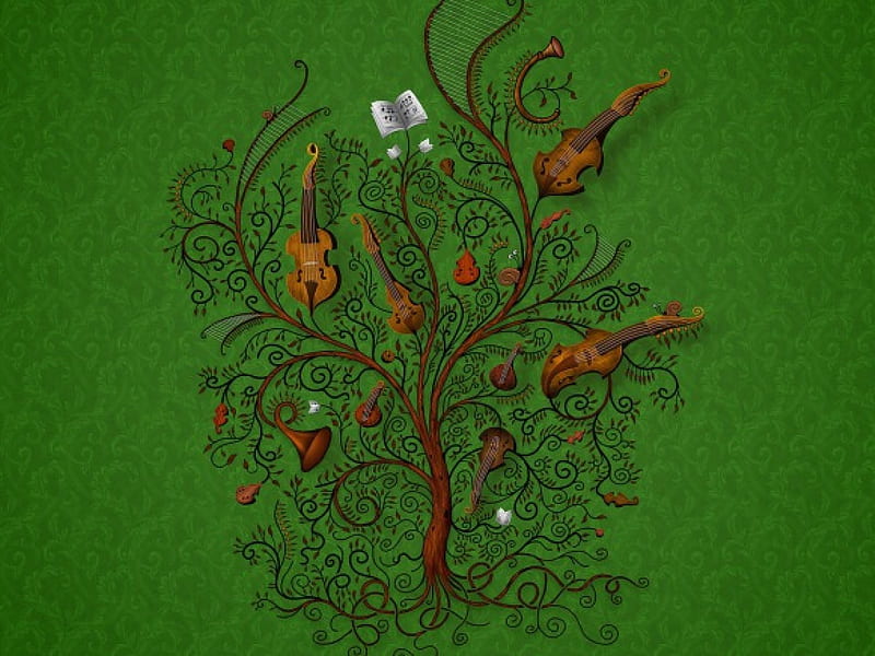 3D Tree of Music, fruit, tree, lutes, music, horn, flowers, banjo, branches, HD wallpaper