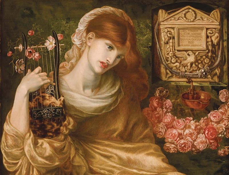 redhead, rose, flower, painting, pictura, pink, art, dante gabriel rosetti, instrument, girl, HD wallpaper