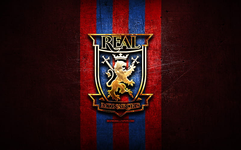 Real Monarchs FC, golden logo, USL, red metal background, american soccer club, United Soccer League, Real Monarchs logo, soccer, USA, HD wallpaper
